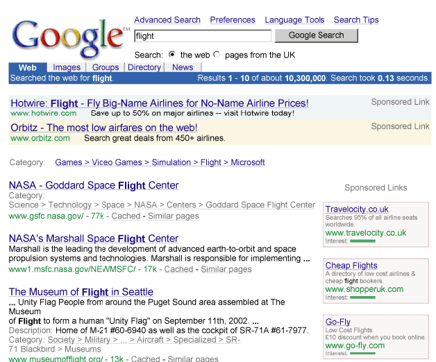 Adwords ads in Google search results (2002)